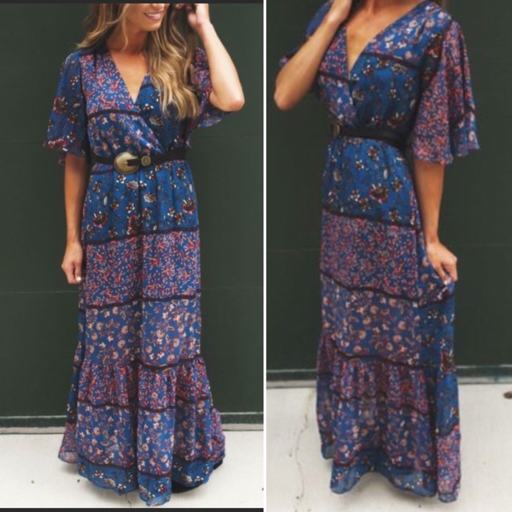 Teal Printed Chiffon Maxi Dress
